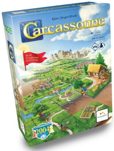 Carcassonnen kannessa on kuvattuna neliön muotoisista laatoista rakentuvaa keskiaikaista maalaismaisemaa.