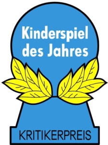 Kinderspiel des Jahres -logo: pieni sininen pelinappula, jolla on keltainen laakeriseppele.