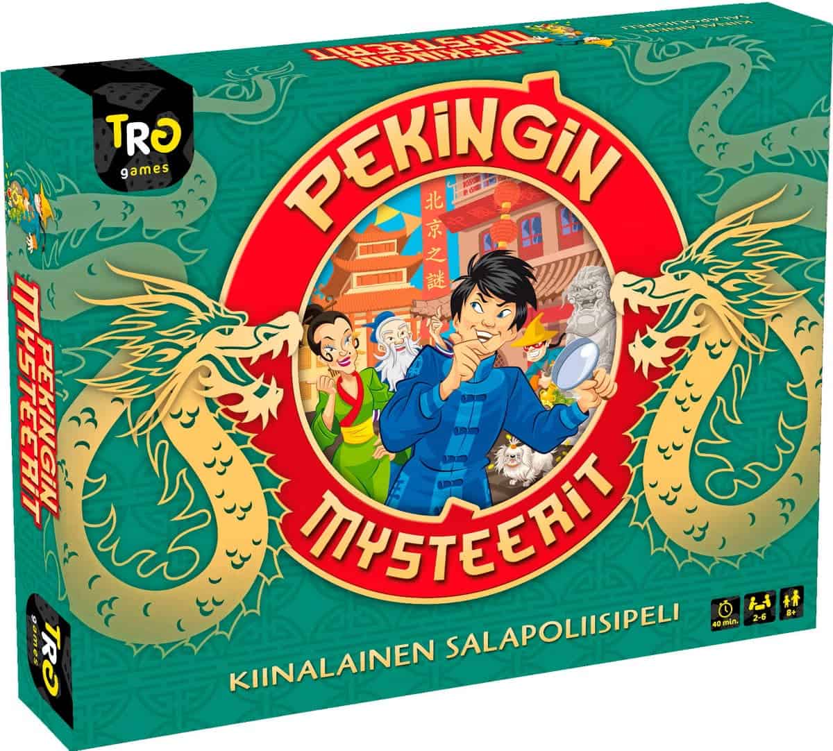 Pekingin mysteerit -lautapelin kannessa on piirros pohdiskelevasta kiinalaispojasta ympärillään kiinalaistyylistä koristelua ja lohikäärmeitä.
