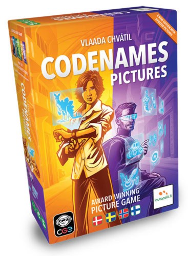 Codenames Picturesin kansi on oranssi-violetti ja siinä on kuvattu kaksi ihmishahmoa, joista etummainen katselee futuristista hologramminäyttöä ranteessaan.