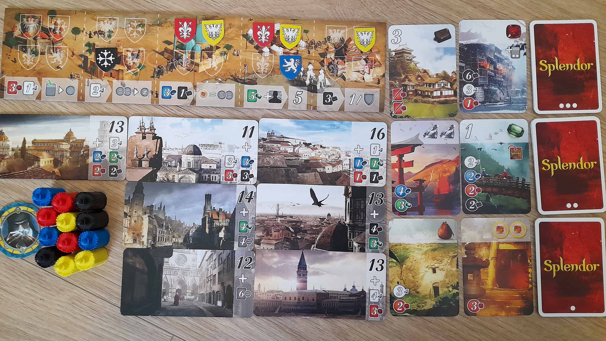 Cities of Splendorin kortteja, linnakkeita, kaupunkeja ja muita komponentteja.