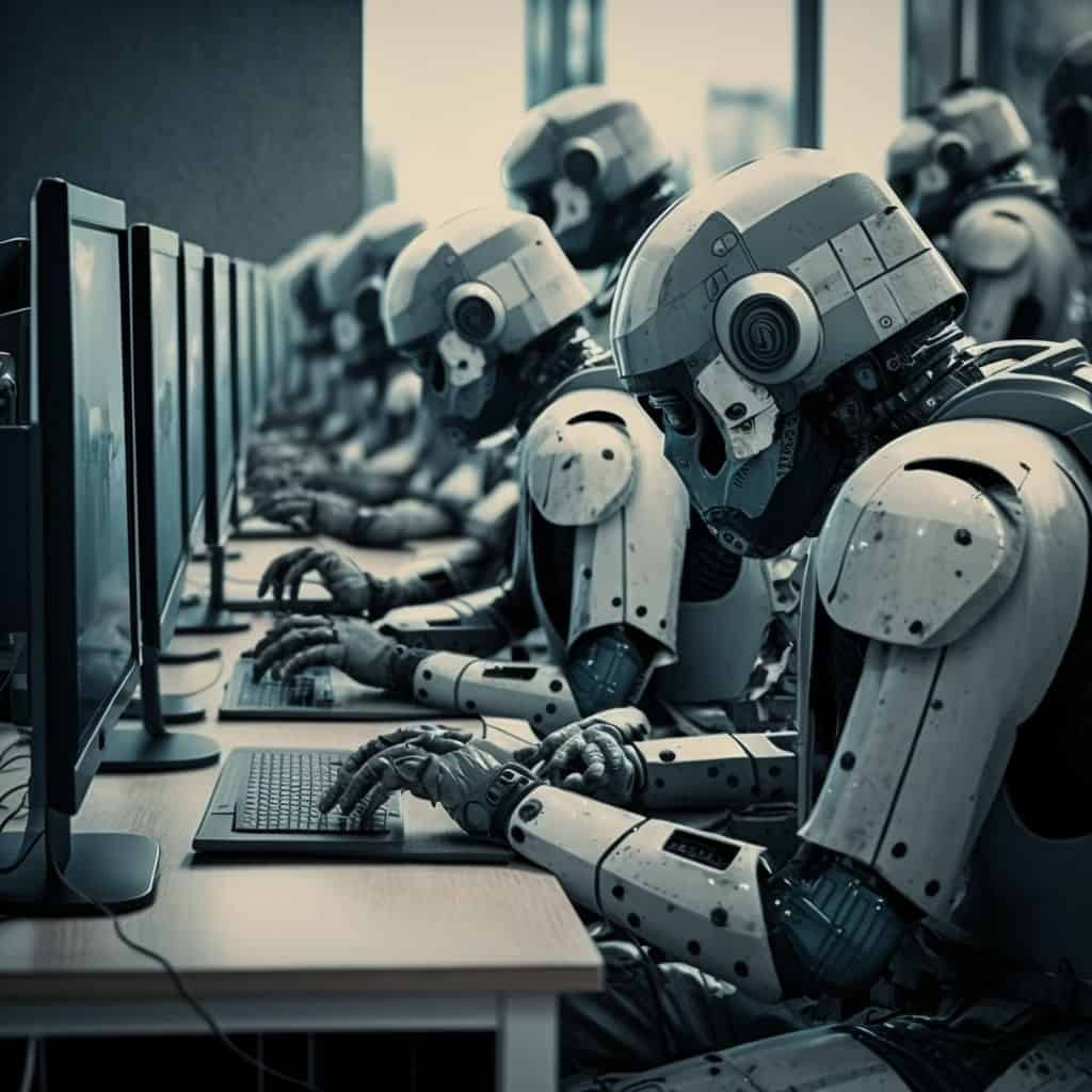 Robotteja kirjoittamassa tietokoneilla.