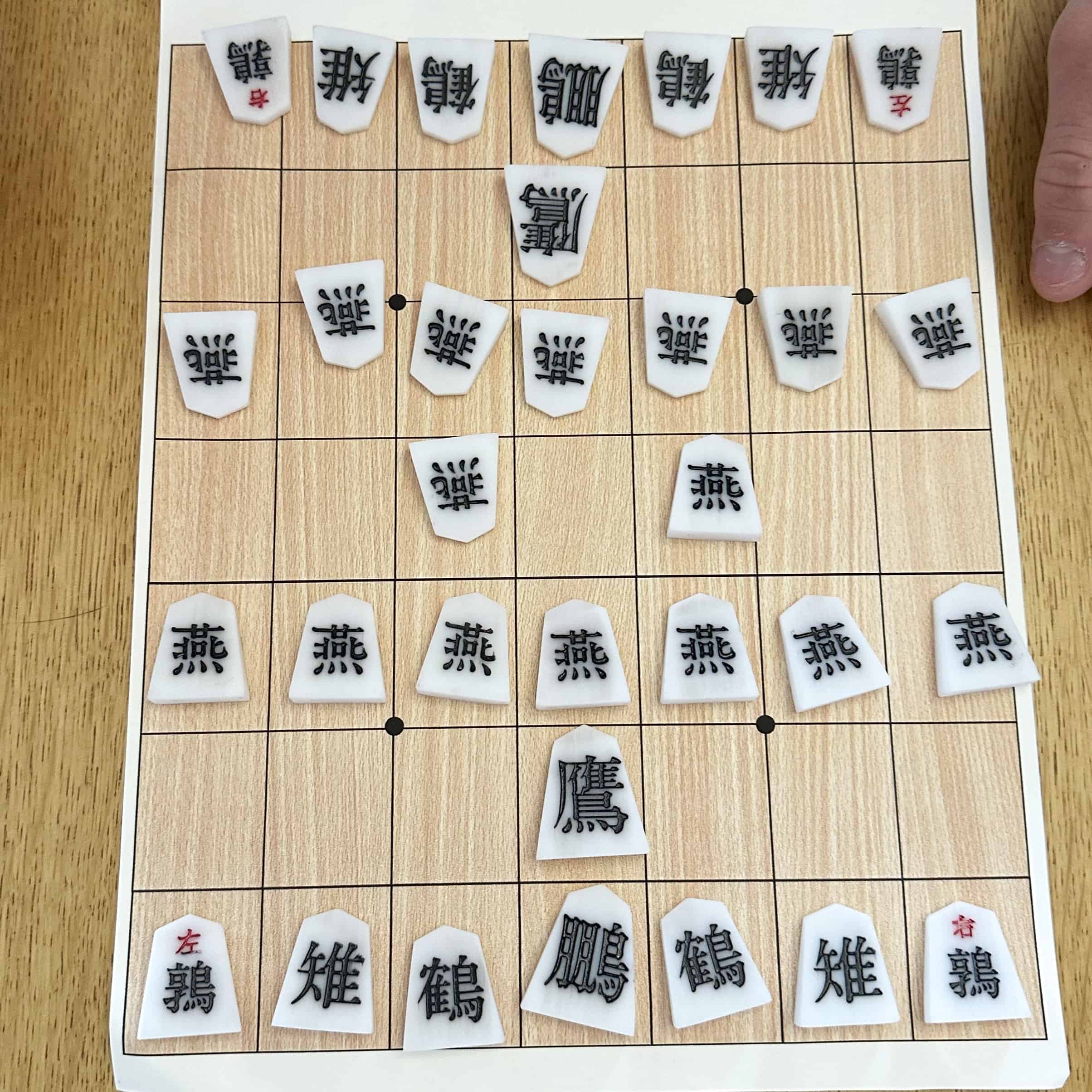 Tori shogi -lauta ja nappulat pelin alkuasetelmassa.
