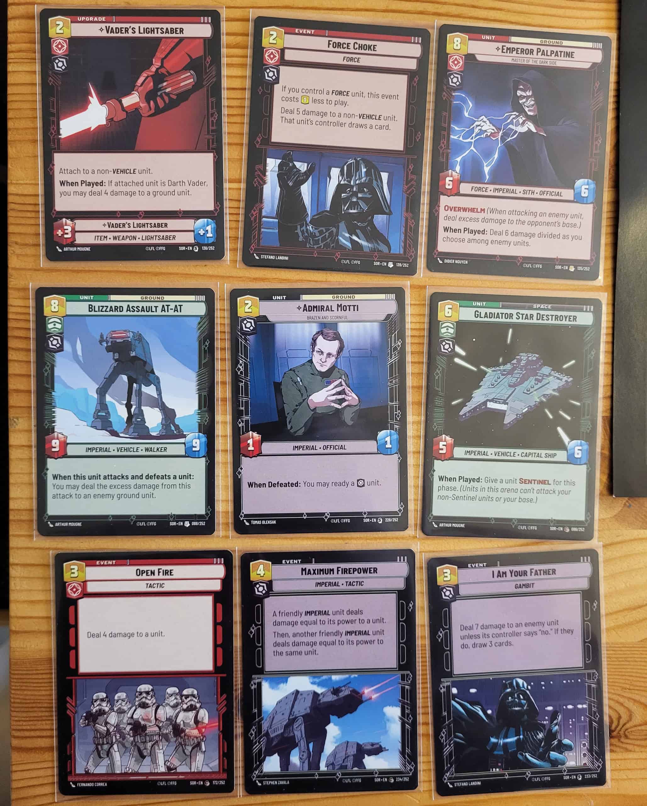 Yhdeksän Imperiumin korttia, mm. Force Choke, Palpatine ja "I Am Your Father".