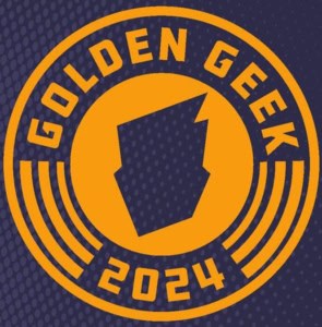 Golden Geek 2024 -logo: oranssi ympyräkuvio sinisellä taustalla, keskellä BGG:n logosymboli.