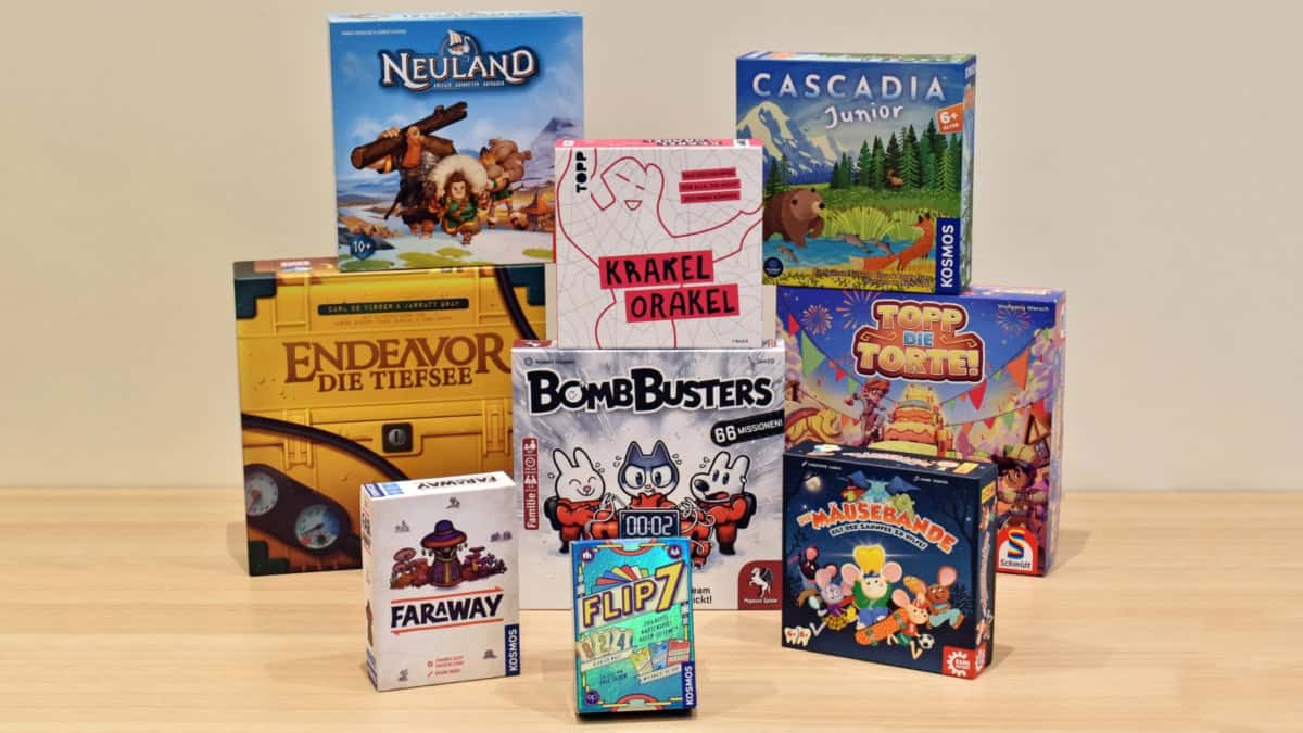 Spiel des Jahres -palkinnon finalistipelit vuodelta 2025: Looot, Cascadia Junior, Endeavor: Deep Sea, Krakel Orakel, Topp die Torte!, Bomb Busters, Faraway, Flip 7 ja Die Mäusebande.
