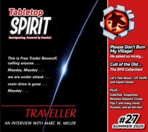 Tabletop Spirit -lehden numeron 27 kannessa on mustan taustan poikki kulkeva vino sinertävä valoviiva, kuin planeetan siluetti, jonka takaa pilkottaa tähdennousu.