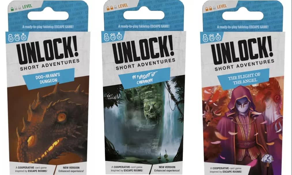 Kolme Unlock! Short Adventures -pakkausta vierekkäin: Doo-Arann's Dungeon, In Pursuit of Cabrakan ja The Flight of Angels.