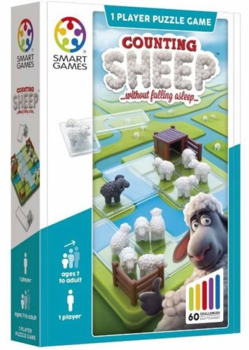 Counting Sheep -pelin laatikko, johon on kuvattu pelin komponentteja ja virnuileva lammas.