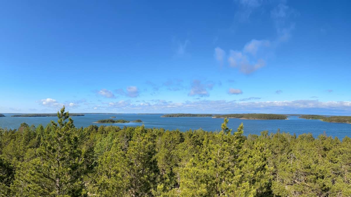 Saaristomaisemaa näkötornista: etualalla on mäntyjen latvoja, taaempana näkyy merta ja metsäisiä pikkusaaria. Taivaalla on vähän vaaleita pilviä.