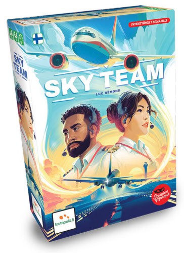 Sky Team -lautapelin kannessa on kuva kahdesta lentäjästä tai perämiehestä ja lentokoneita.