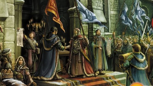 Dominion: Allies -pelin kannessa on kaksi keskiaikaista hallitsijaa kättelemässä punaisella matolla linnan portilla isojen lippujen kanssa. Airuet esittelevät julistuksia ja joku kantaa paikalle aarrearkkua.