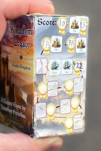 Laatikon kyljessä olevalle pisteradalle on merkitty pisteitä useammasta pelistä Feudal Kingdomsia ja pelistä Distant Landsia.