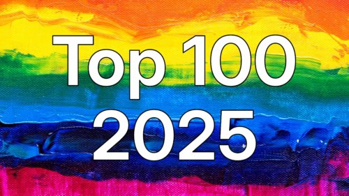 Top 100 2025 -teksti taustallaan sateenkaariraitainen öljyvärimaalauspinta.