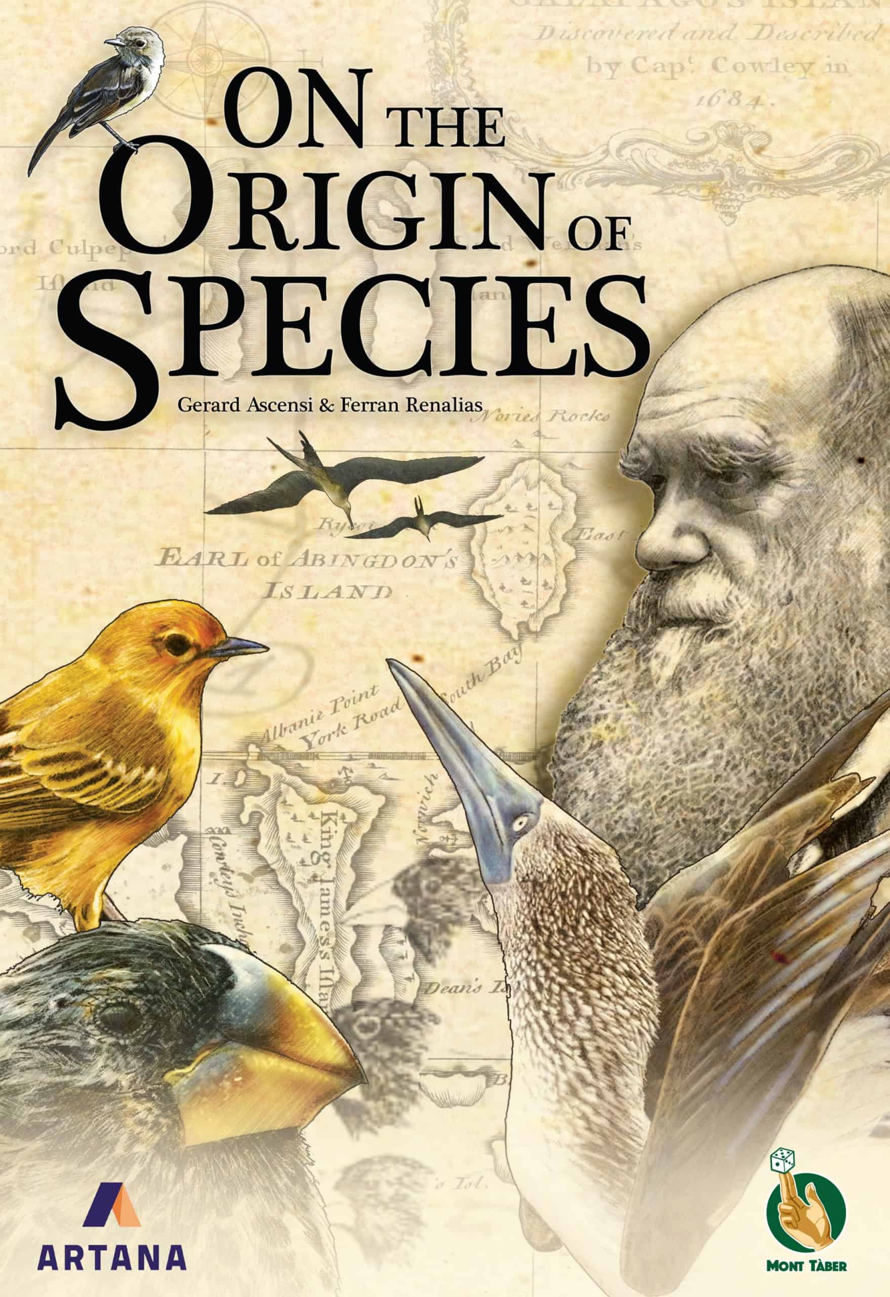 On the Origin of Species -pelin kannessa on piirros Charles Darwinista ja erilaisten lintujen kuvia.