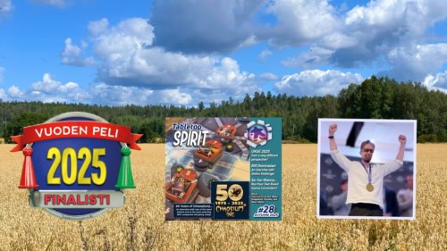 Kuva kaurapellosta, jonka päällä Vuoden peli 2025 finalisti -logo, Tabletop Spirit -lehden numeron 28 kansikuva ja valokuva backgammonin maailmanmestarista Timo Väätäisestä.