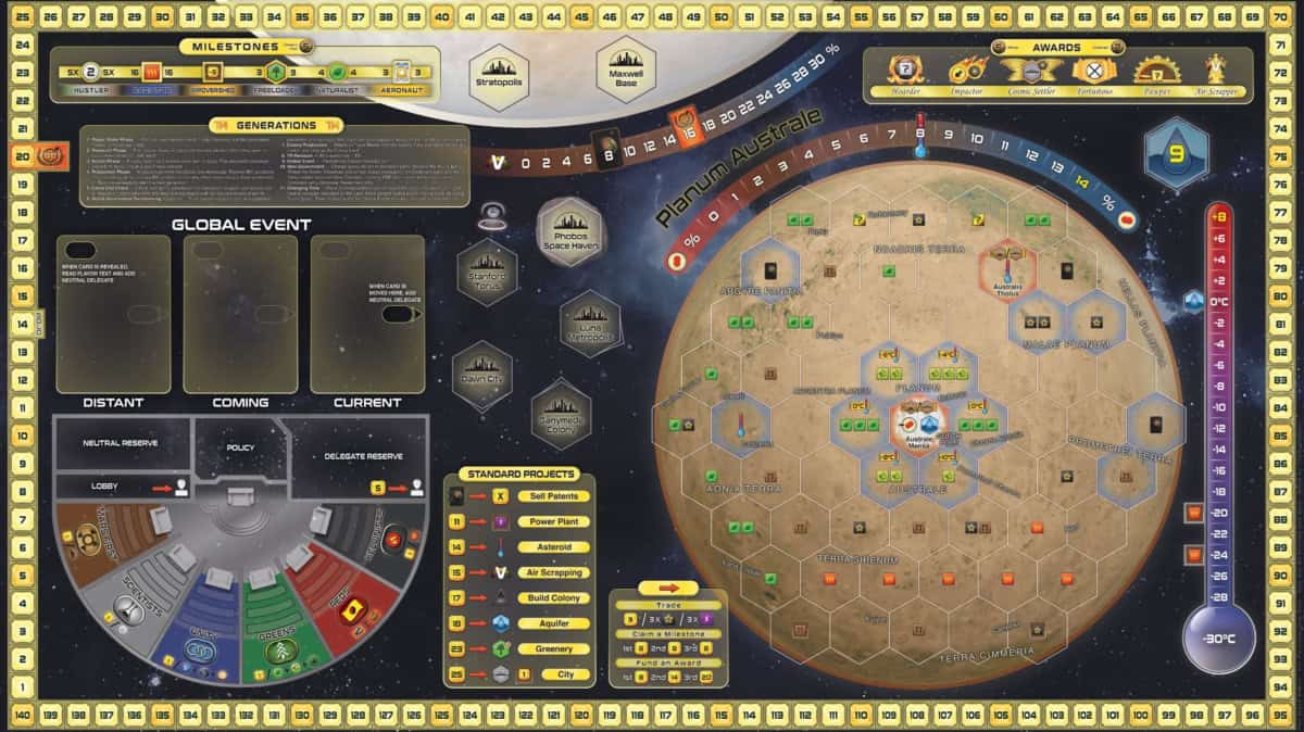 Planum Australe -fanikartta Terraforming Marsiin. Pelilaudalla on erilainen Marsin kartta, Turmoilin puolue-elementtejä, paikkoja globaaleille tapahtumille ja muille lisäosajutuille.