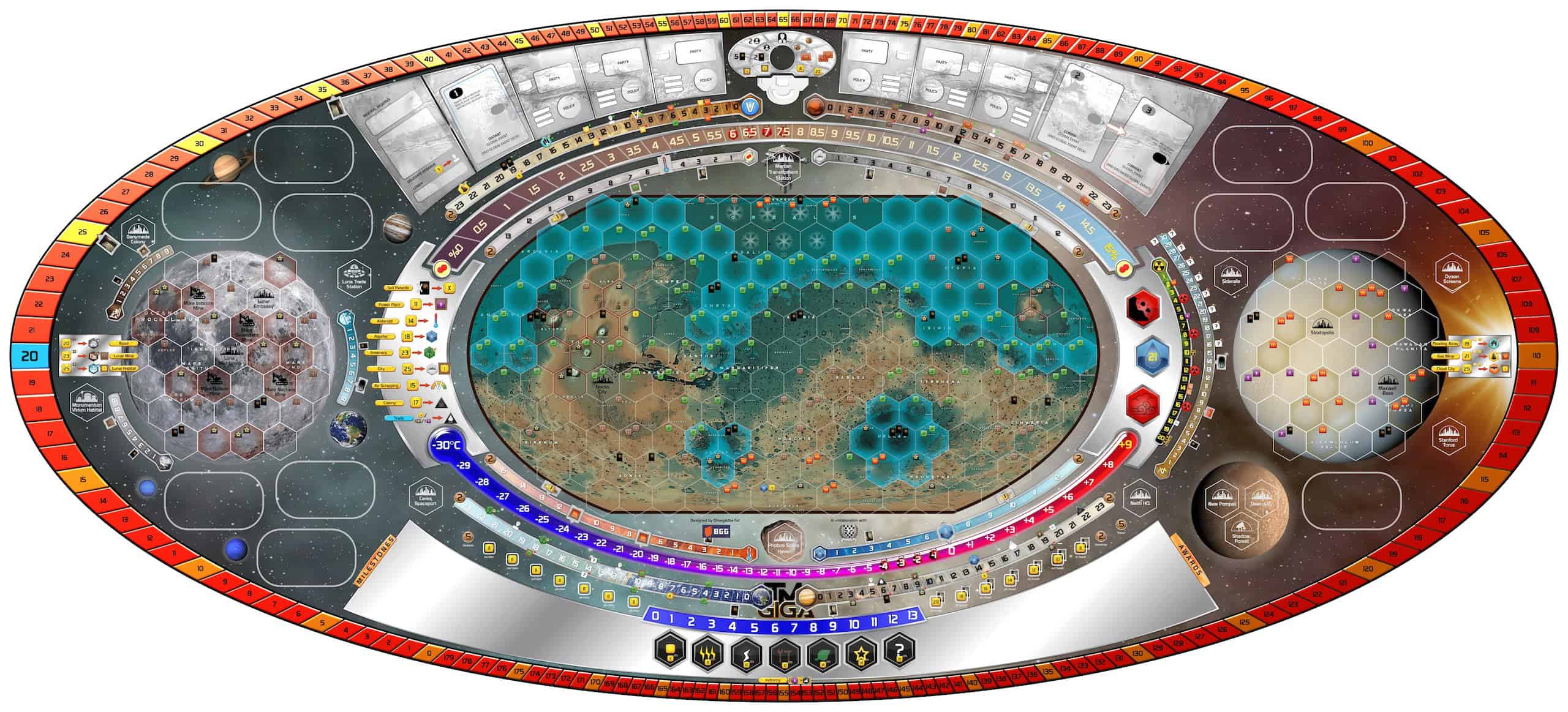 GIGA-pelilauta on ovaalin muotoinen Terraforming Mars -pelilauta, jossa on keskellä iso Marsin kartta ja reunoilla kuita rakennettavaksi.