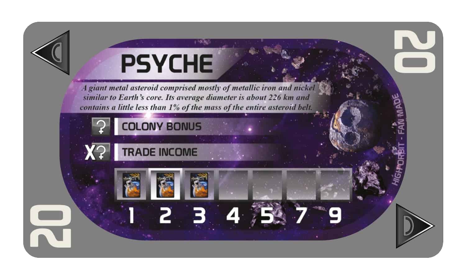 Psyche-siirtokunta Rogue Colonies -paketista. Kuvassa on asteroidi ja sen päällä pelin vaatimat kehitysradat.