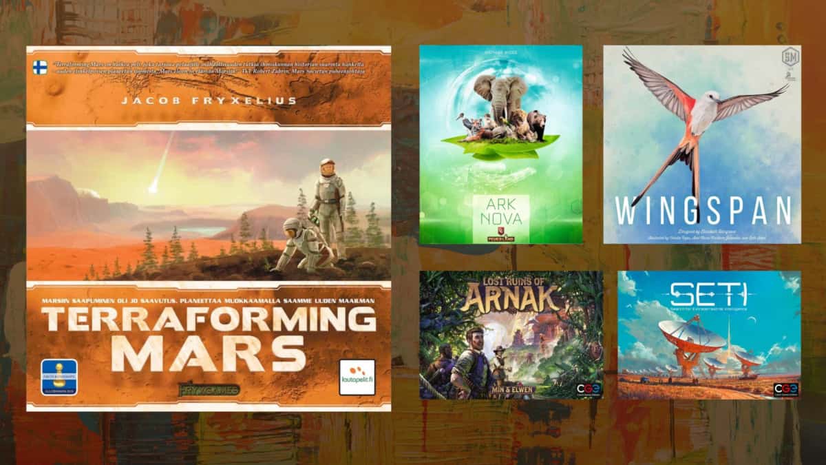 Terraforming Marsin, Ark Novan, Wingspanin ja Lost Ruins of Arnakin ja SETI:n kannet.