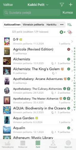 Pelaajan oma pelikokoelma, jossa näkyy lista pelejä aakkosten alkupäästä (0-9, Agricola, Alchemists...) ja peleistä niiden viimeisin pelikerta ja pelikertojen lukumäärä.