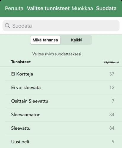 Peleille annettavia tunnisteita: ei kortteja, ei voi sleevata, osittain sleevattu, sleevaamaton, sleevattu, uusi peli.