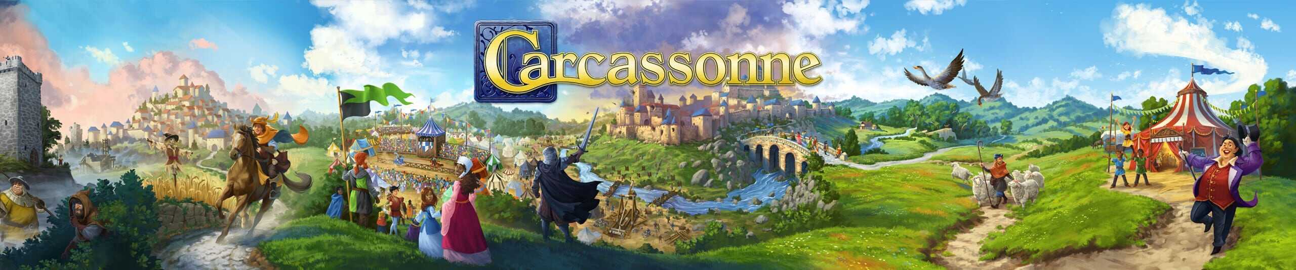 Vanhanaikaista maalaismaisemaa, jossa synkkä torni, kaupunki josta ratsastaa lähetti, turnajaiskenttä, piiritetty linnake, silta, lammaspaimen ja hanhia ja sirkusteltta.