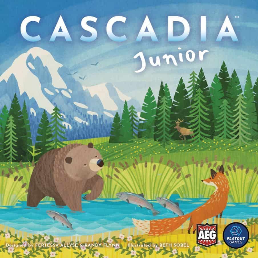 Cascadia Junior -pelin kannessa on piirros Kaskadien eläimistä: karhu joessa kalastamassa lohia, kettu joen penkalla katsomassa karhua, taustalla hirvi metsässä ja lintuja lentämässä kohti lumihuippuisia vuoria.