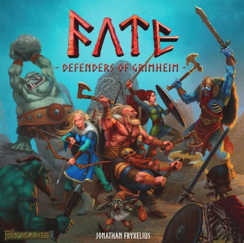 Fate: Defenders of Grimheim -pelin kannessa on joukko viikinkityylisiä fantasiasotureita (kirvestä heiluttava kääpiö, jousella ampuva nainen, kahta pientä kirvestä käyttelevä yläosaton lihaskimppumies ja miekalla ja kilvellä taisteleva nainen) taistelemassa joukkoa hirviöitä vastaan (peikkoja, luurankoja, epäkuolleita) riimukiven edessä.