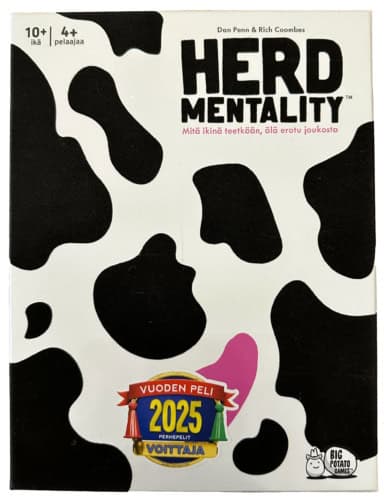 Herd Mentality -pelin kannessa on mustavalkoista lehmäläikkäkuviointia, jossa yksi läikkä on pinkki.