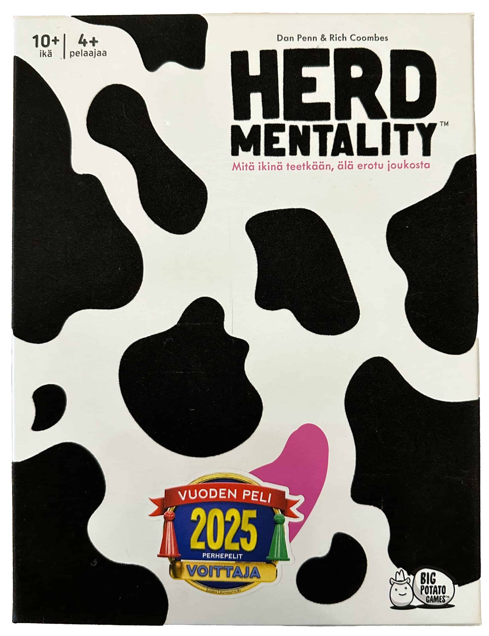 Herd Mentality -pelin kannessa on mustavalkoista lehmäläikkäkuviointia, jossa yksi läikkä on pinkki.
