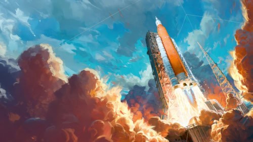 Maalaus avaruussukkulan lähdöstä laukaisualustalta.