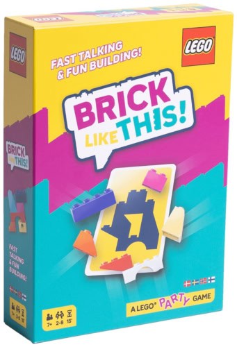 Brick Like This! -lautapelin kannessa on kuva Lego-rakennelman muotoa näyttävästä kortista ja rakennelmaan tarvittavia Lego-palikoita. Laatikossa lukee "Fast Talking & Fun Building!" ja "A Lego Party Game".