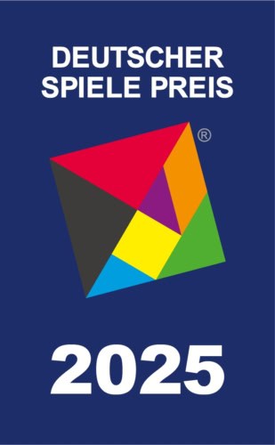 Deutscher Spiele Preis 2025 -logo, jossa keskellä on Merz Verlagin tangram-neliölogo.