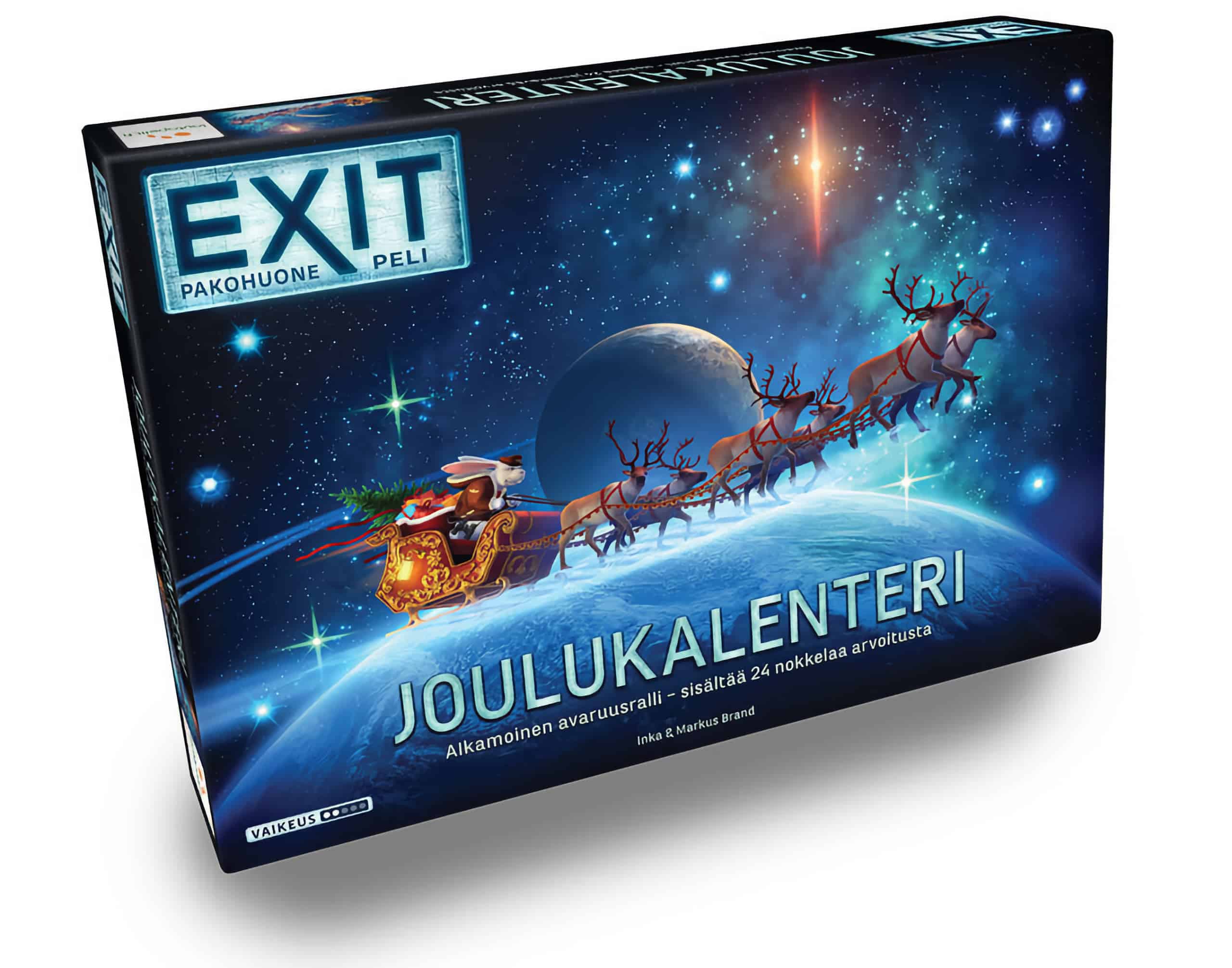 Exit: Aikamoinen avaruusralli -joulukalenterin kannessa jänis ajaa porojen vetämällä joulupukin reellä avaruudessa.