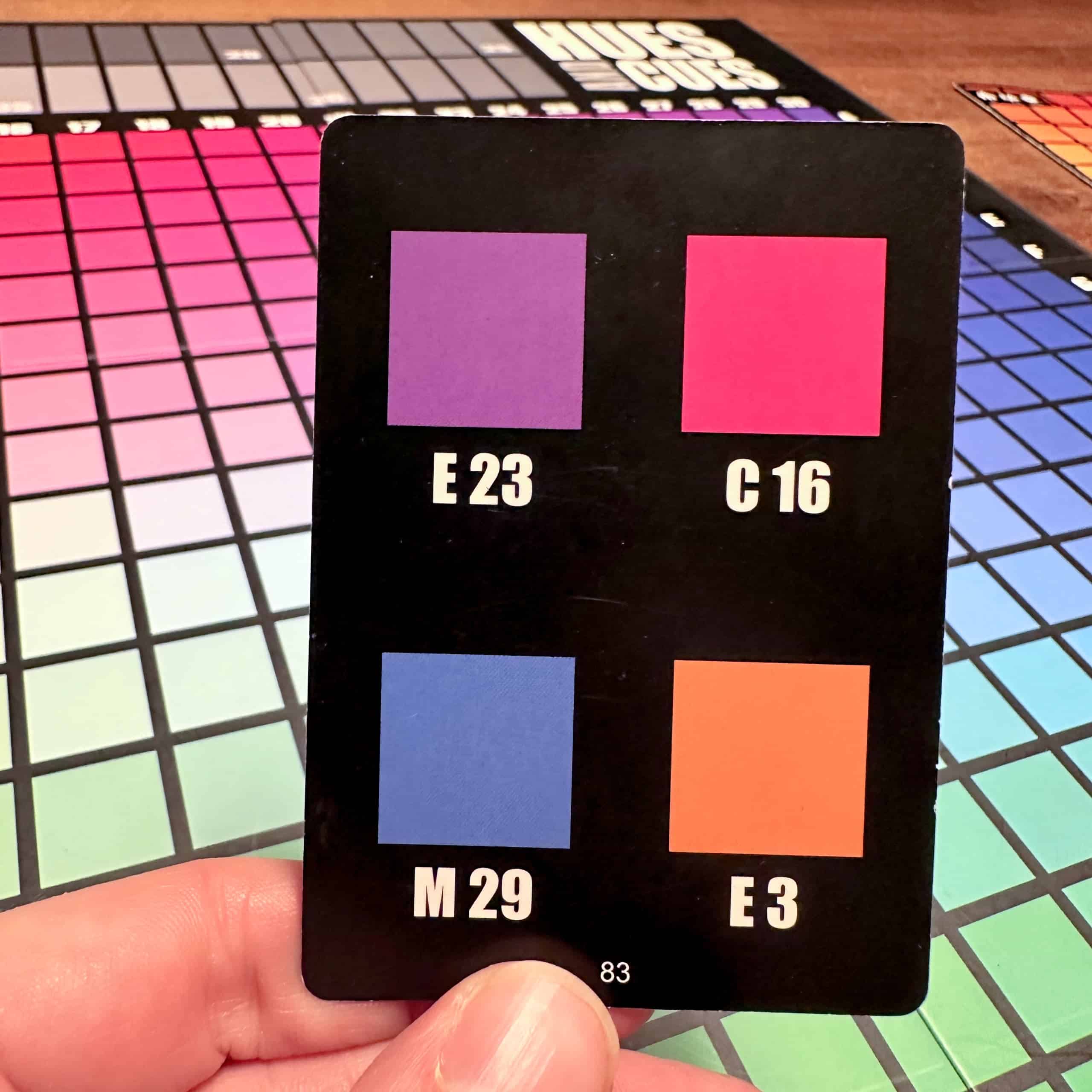 Hues and Cues -kortti, jossa on neljä värinäytettä ja niiden koordinaatit pelilaudalla.