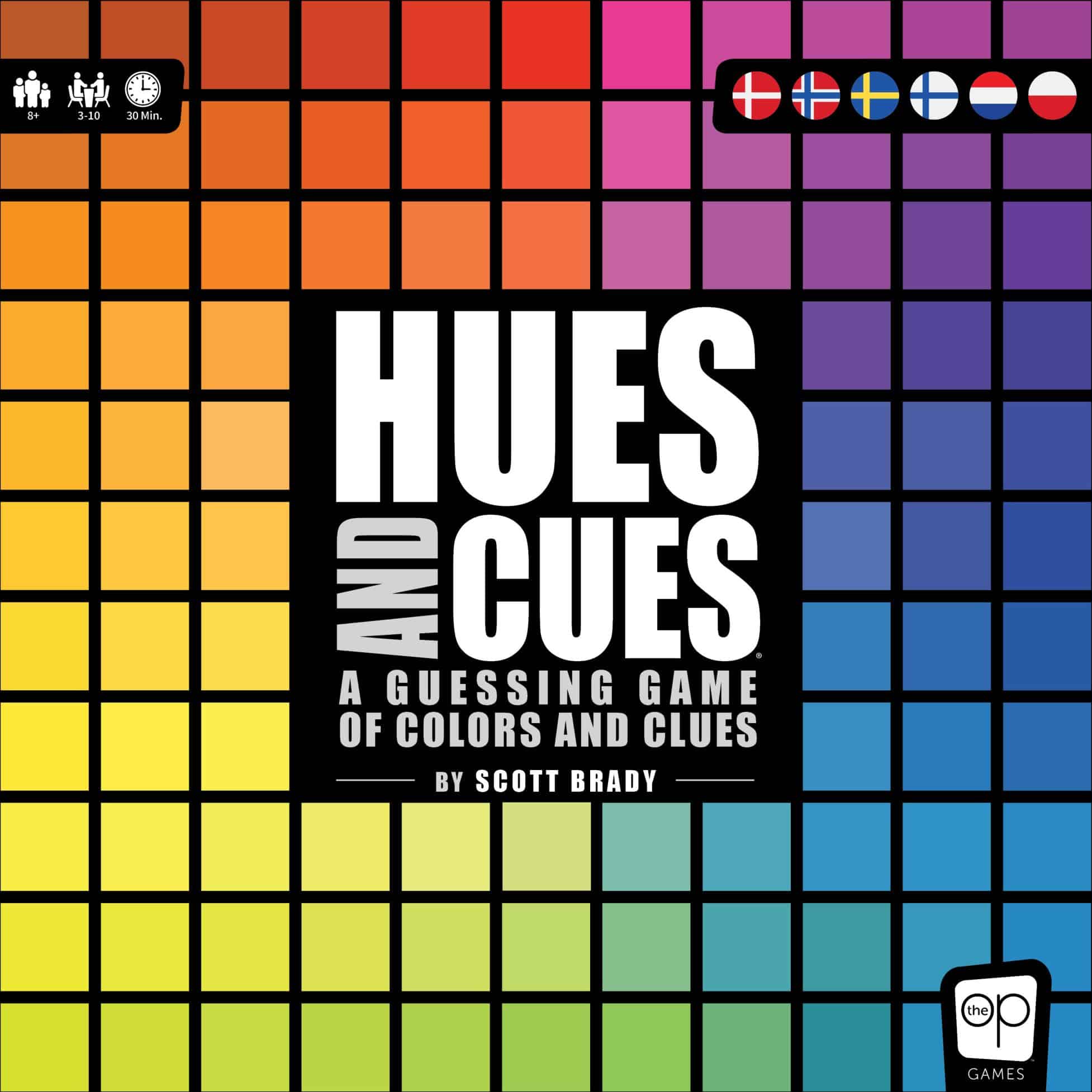 Hues and Cuesin kannessa on 11×11-ruudukko, jossa on erilaisia värisävyjä. Keskellä on musta laatikko, jossa on pelin nimi.