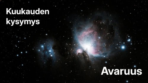 Avaruuden tähtisumua esittävä valokuva, jonka päällä teksti "Kuukauden kysymys" ja "Avaruus".