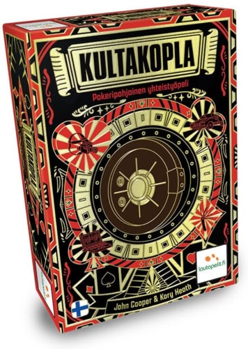 Kultakopla-korttipelin kannessa on tyylitelty piirros pankkiholvin isosta, pyöreästä ovesta.