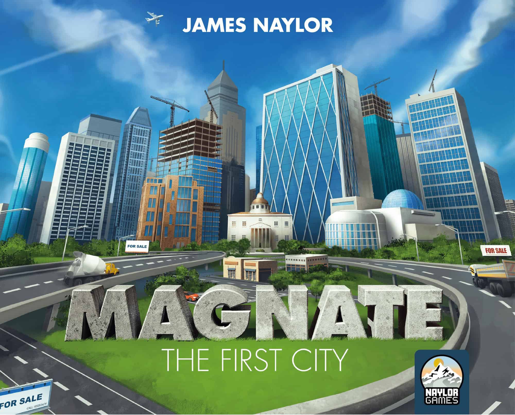 Magnate: The First City -pelin kannessa on piirros kaupungista, jossa on paljon pilvenpiirtäjiä ja johon rakennetaan uusia. Edutalla on kaupunkia kohti kaartuvia teitä.