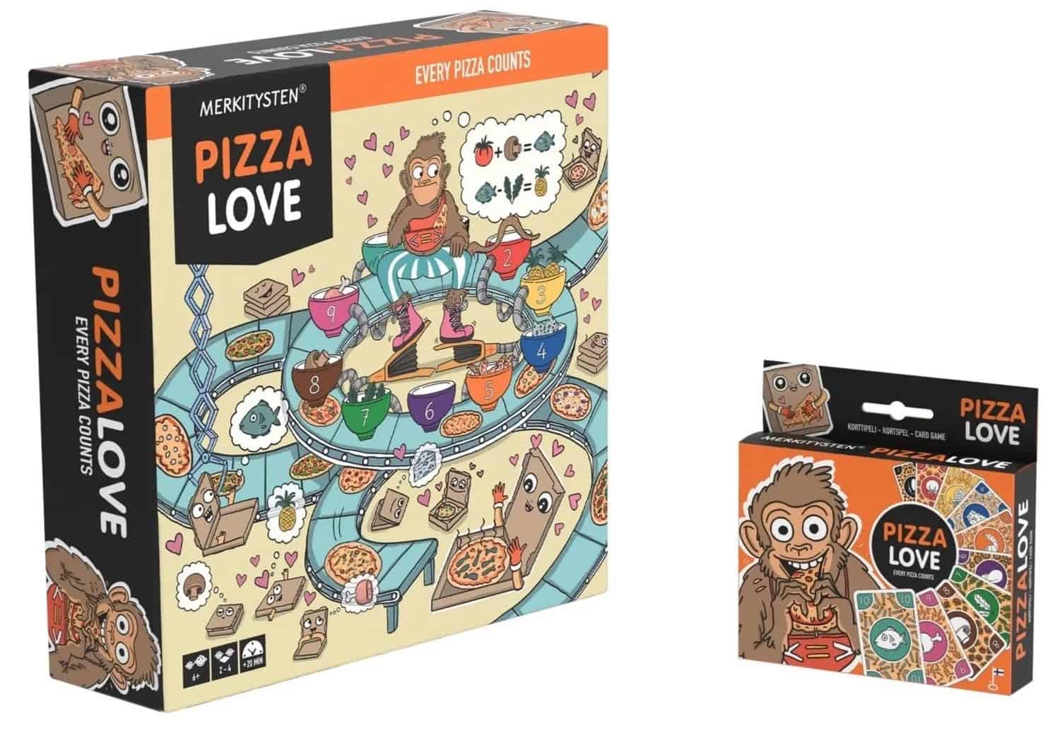Pizza Love -lautapelin ja Pizza Love -korttipelin laatikot vierekkäin.