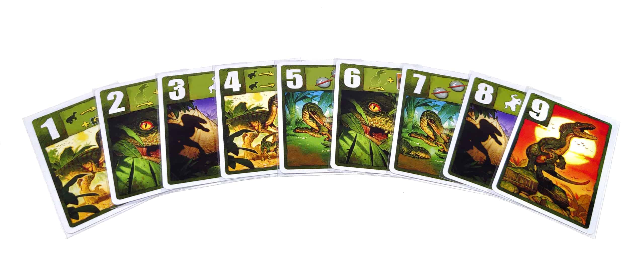 Raptor-pelaajan kortit 1–9 rivissä.