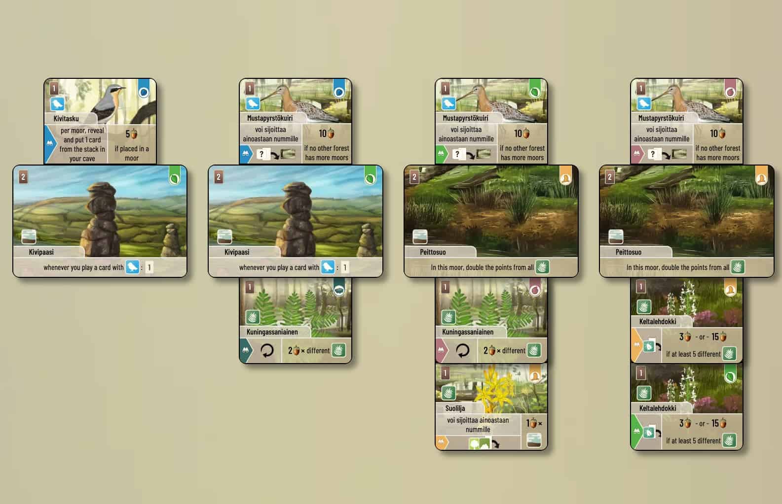 Kaksi Tor-korttia ja kaksi Peittosuota, ympärillään kasveja ja lintuja.