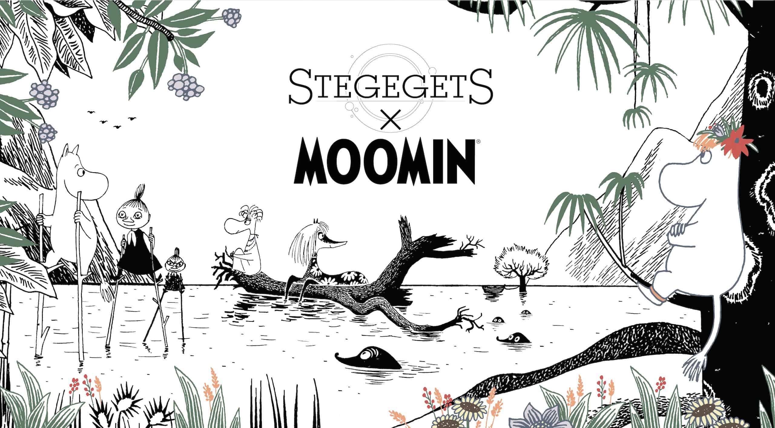Stegegets: Moominin kannessa on mustavalkoinen piirros, jossa on joukko muumihahmoja veden äärellä.