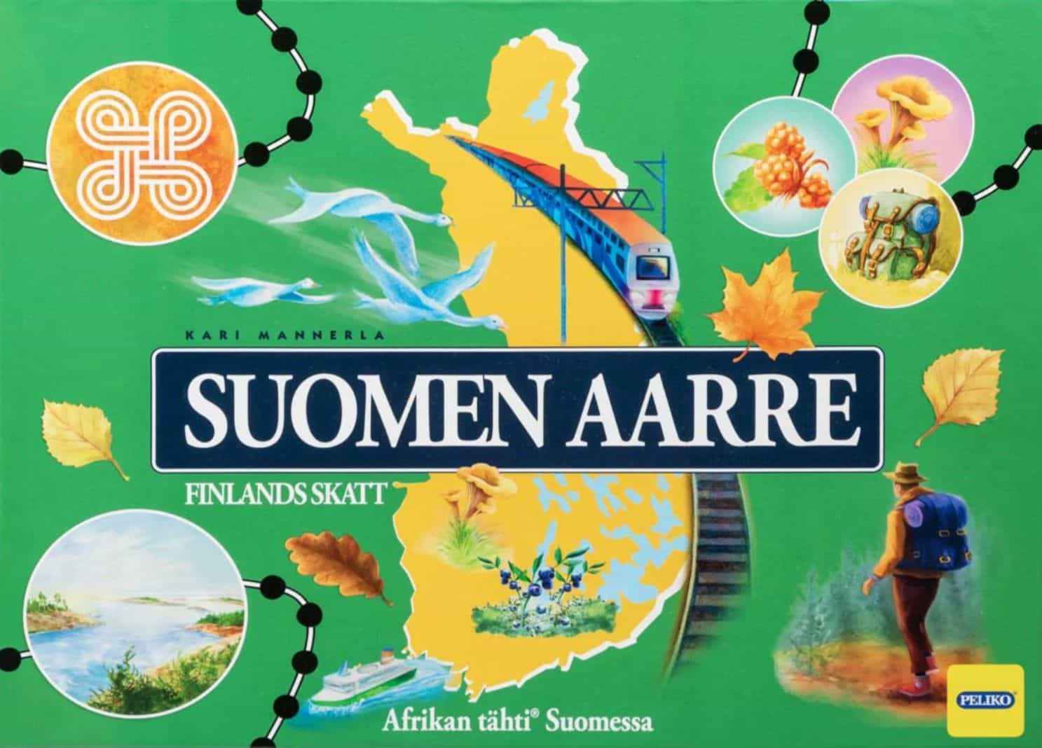 Suomen aarre -pelin kannessa on vihreällä taustalla keltainen Suomen kartta, jonka ympärillä on pieniä kuvia: vaeltaja, hannunvaakuna, järvimaisema, lakka, kantarelli, sieni ja puun lehtiä.
