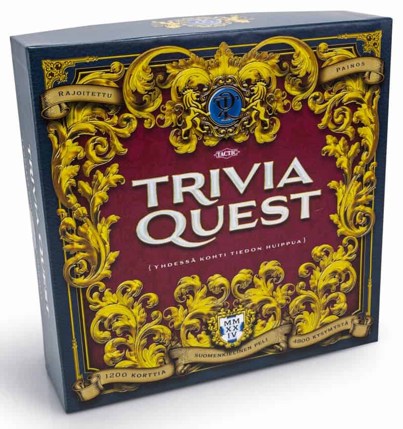 Trivia Questin kannessa on kultaista vaakunatyylistä koristekuviointia punaisella taustalla.