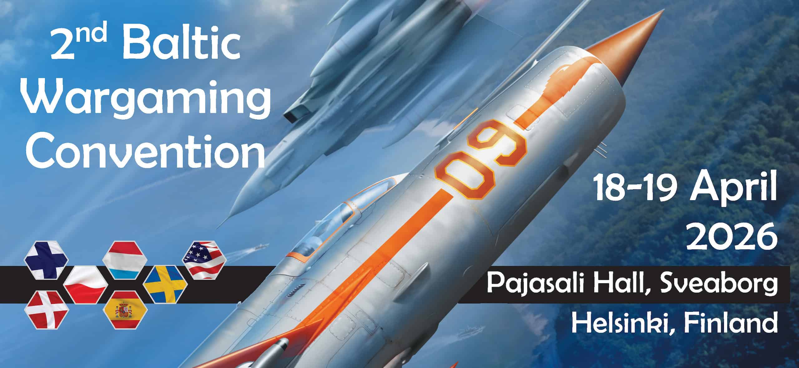 2nd Baltic Wargaming Conventionin mainosbannerissa on kaksi vierekkäin vastakkaisiin suuntiin lentävää hävittäjälentokonetta.