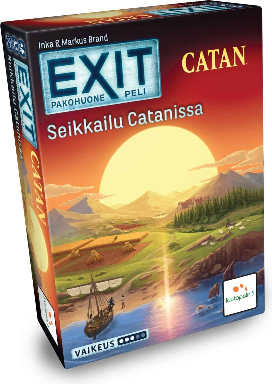 Seikkailu Catanissa -pelin kannessa iso keltainen aurinko nousee vuorten takaa valaissen peltoja, metsiä ja rantautuneen veneen.