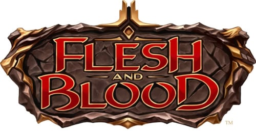 Flesh and Blood -pelin logo: pelin nimi punaisella tekstillä ruskealla taustalla.