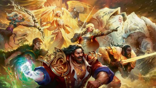 United We Stand -kortin kuvitus, jossa joukko sankareita säntää taisteluun yhtenä rintamana.